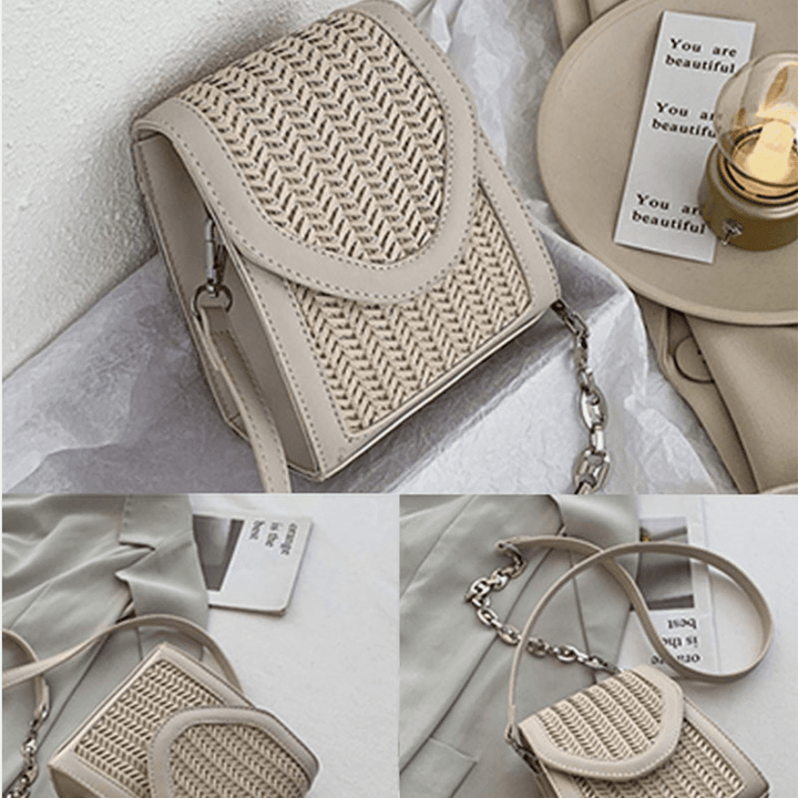 Women Summer Flap Straw Chain Crossbody Bag Shoulder Bag - MRSLM