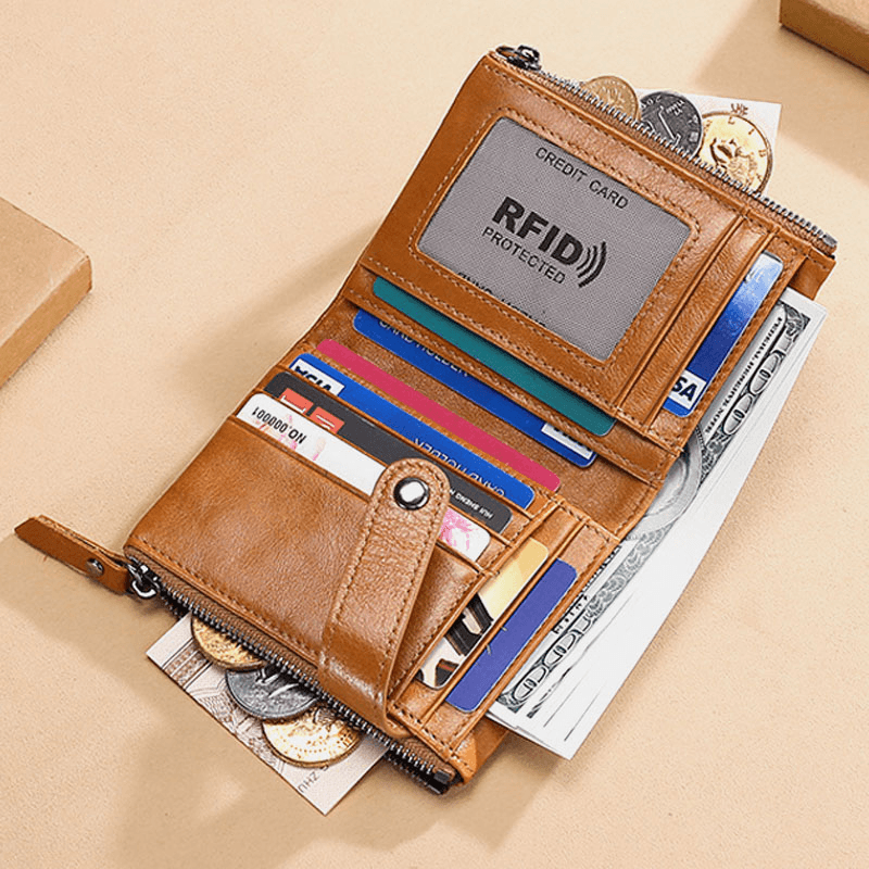 Men Genuine Leather Vintage RFID Blocking Zipper Coin Wallet - MRSLM