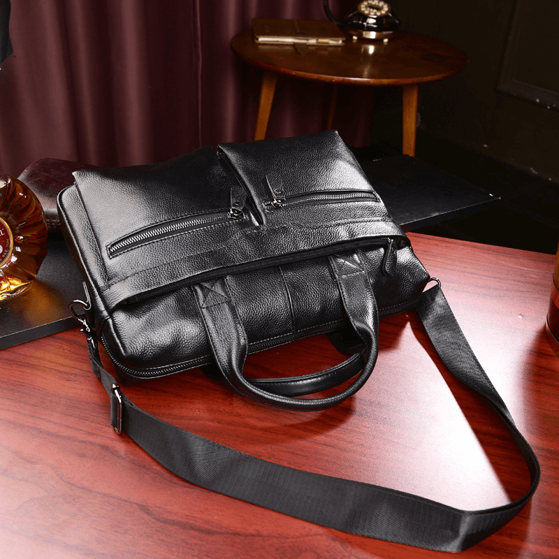 Men Genuine Leather Business Multi-Carry 14 Inch Laptop Bag Briefcase Crossbody Bag Shoulder Bag - MRSLM