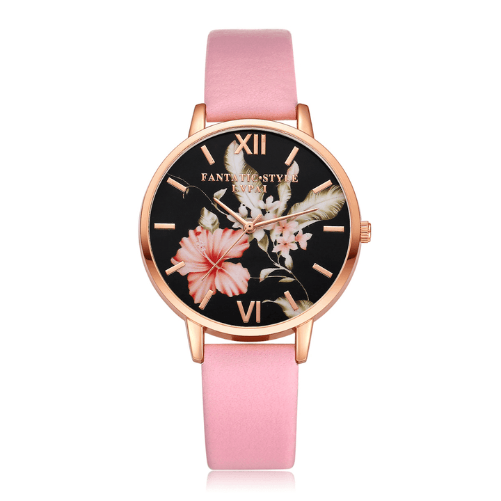 LVPAI Fashion Flower Pattern PU Leather Strap Womenwrist Watch Ladies Dress Quartz Watch - MRSLM