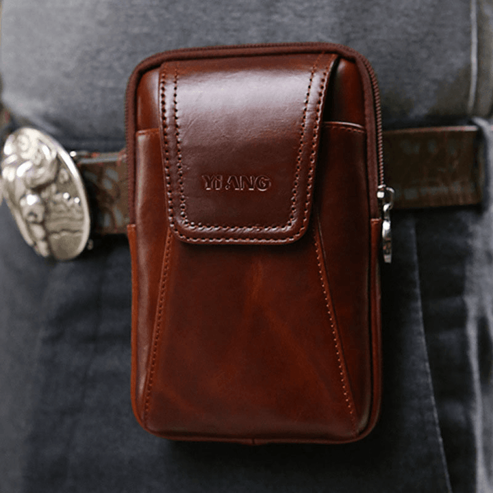 Men Genuine Leather 6 Inch Phone Bag Belt Bag Waist Bag for Business - MRSLM