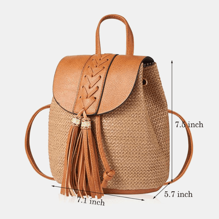 Women Tassel Straw Bag Retro Beach Bag Backpack Bucket Bag - MRSLM