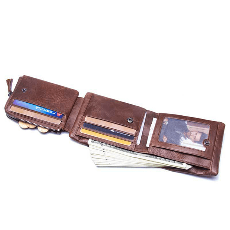 Men Genuine Leather Multifunctional Large Capacity Coin Bag 10 Card Slots Trifold Wallet - MRSLM