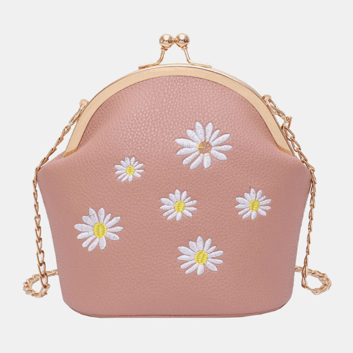 Women Daisy Embroidery Chains Hasp Crossbody Bag Shoulder Bag - MRSLM