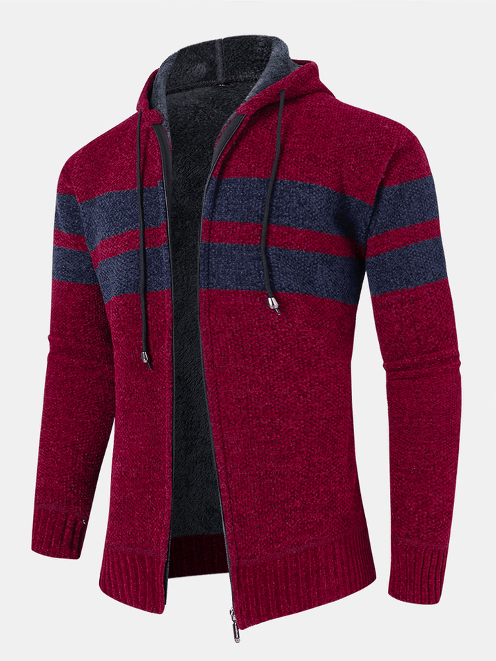 Mens Colorblock Knitted Zipper Warm Hooded Sweater Cardigans - MRSLM