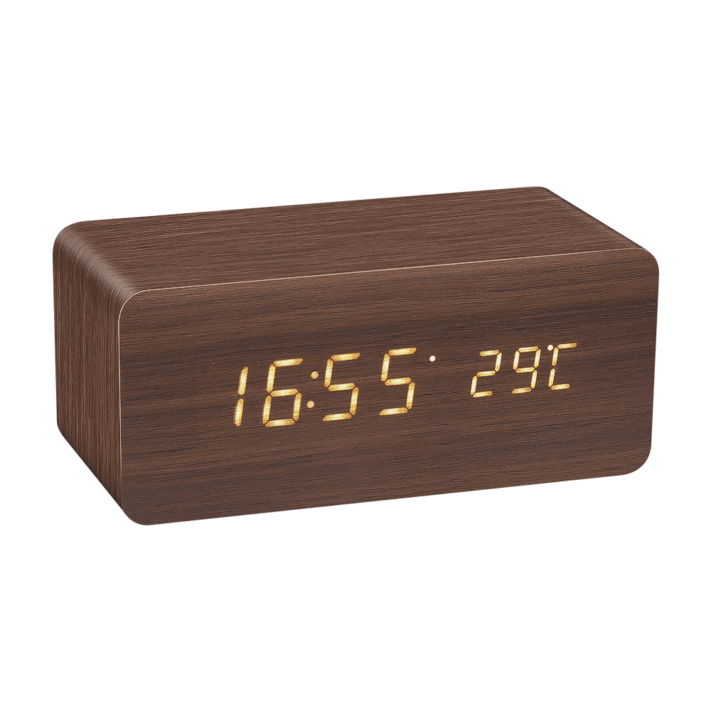 Digoo DG-AC80 LED 12/24 Hour Adjustable Display Wooden Clock Wirless Charging Voice Control Alarm Cl - MRSLM