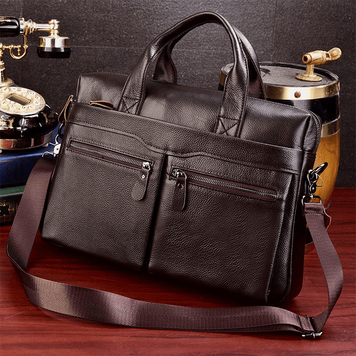 Men Genuine Leather Business Multi-Carry 14 Inch Laptop Bag Briefcase Crossbody Bag Shoulder Bag - MRSLM