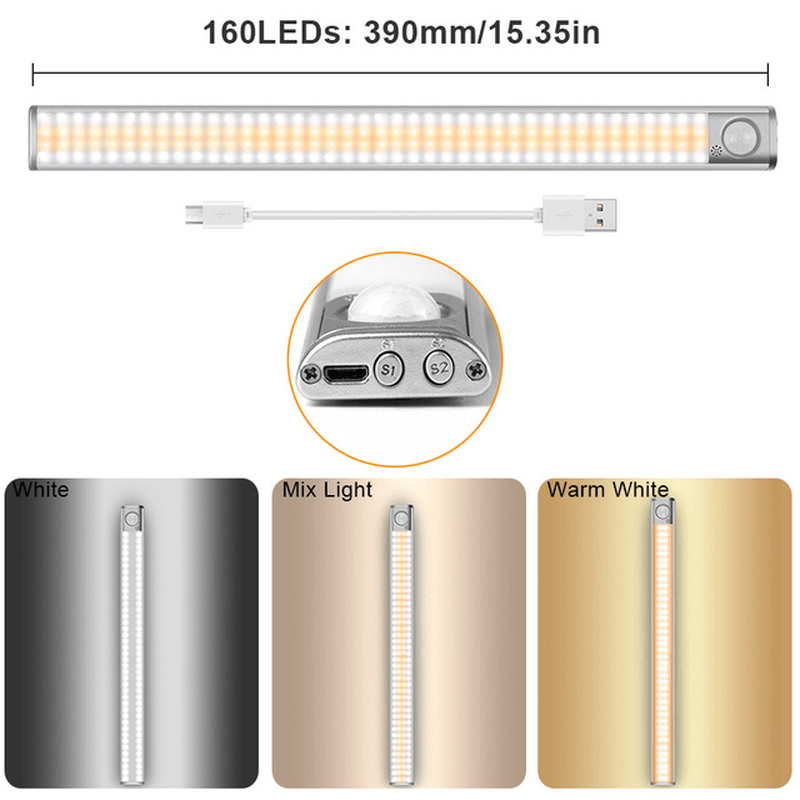 80/120/160Leds 3 Light Colors PIR Motion Sensor Led Cabinet Light Dimmable Wardrobe Closet Lights USB Rechargeable Night Lamp 3 Modes - MRSLM