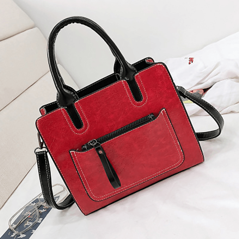 Women PU Leather Tote Handbag Retro Solid Leisure Crossbody Bag - MRSLM