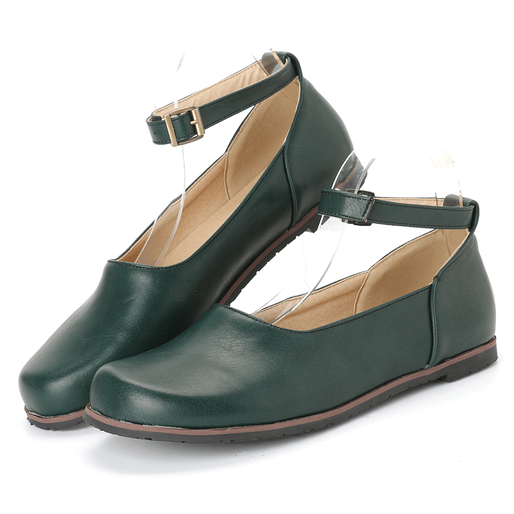 Women Solid Color Casual Ankle Buckle Strap Flat Loafers - MRSLM