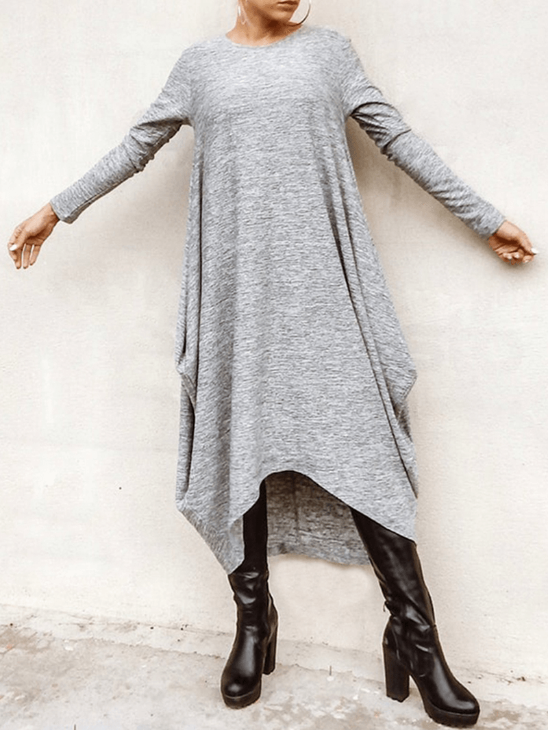 Women's Casual High Low Hem Midi Dress - Loose Fit with Long Sleeves - MRSLM