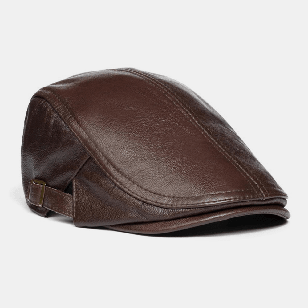 Men Genuine Leather Solid Classical Casual Forward Hat Beret Hat - MRSLM