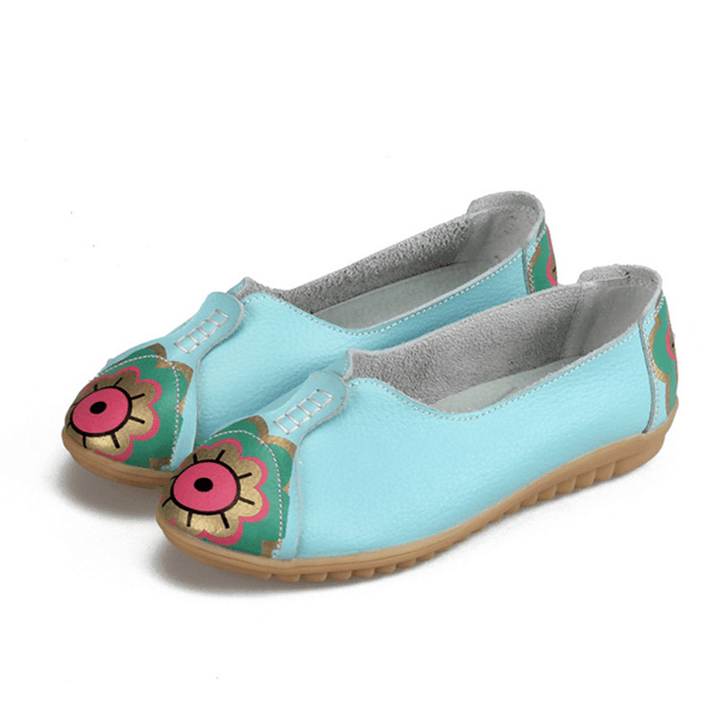 Sun Eye Flower Pattern Soft Leather Slip-Ons Lazy Driving Flat Loafers - MRSLM