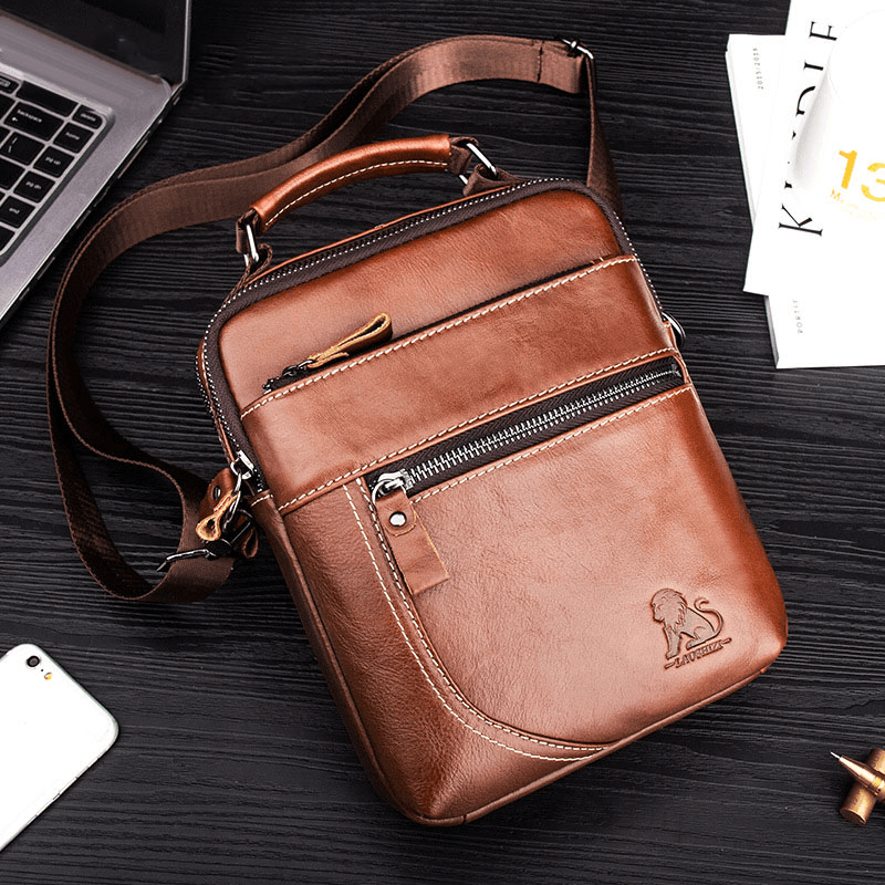 Men Genuine Leather Retro Business Casual Solid Color Leather Cowhide Shoulder Bag Crossbody Bag - MRSLM