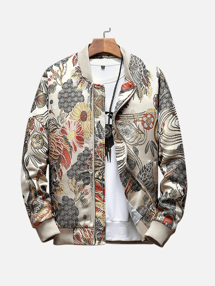 Ethnic Style Crane Embroidered Floral Baseball Jacket - MRSLM