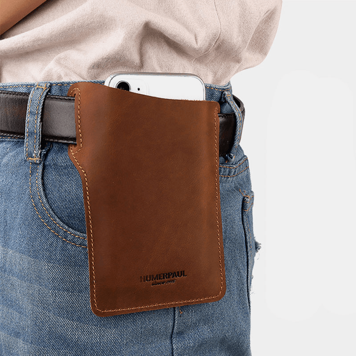 Men EDC Genuine Leather 6.5 Inch Phone Holder Sleeve Case Waist Belt Bag - MRSLM