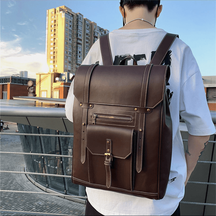 Men Retro PU Soft Leather Large Capacity Backpack Waterproof Breathable Front Pocket Design Shoulder Bag - MRSLM