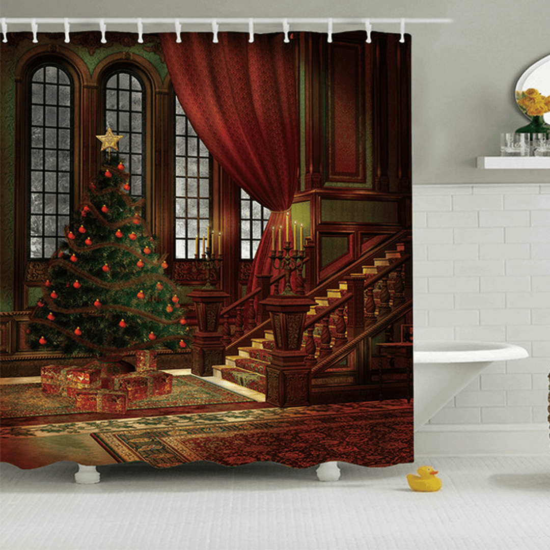 3D Bathroom Sets Christmas Trees Fireplace Shower Curtain Bath Mats Toilet Rugs Anti-Slip Carpet Festival Decor - MRSLM