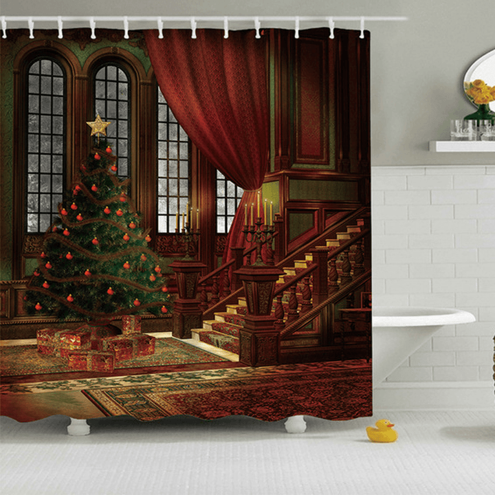 3D Bathroom Sets Christmas Trees Fireplace Shower Curtain Bath Mats Toilet Rugs Anti-Slip Carpet Festival Decor - MRSLM