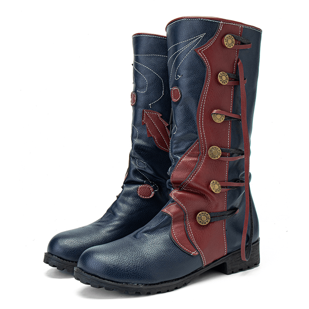 Women Leaf Pattern Autumn Winter Warm Wear Resistant round Head Mid-Calf Boots - MRSLM