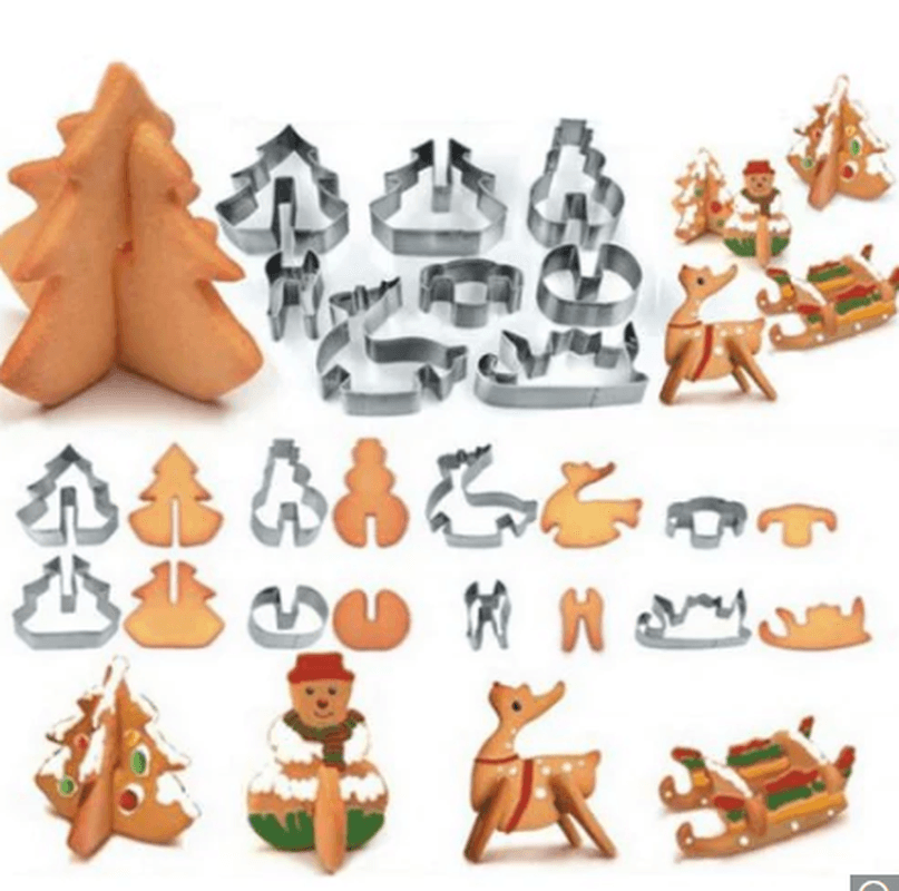 8PCS Hoarding 3D Christmas Scene Cookie Cutter Mold Set Stainless Steel Square Dan Cake Mould Silver - MRSLM