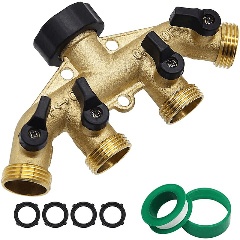 4 Way Heavy Duty Brass Garden Hose Splitter 3/4" Hose Connector 4 Valves Hose Spigot Adapter - MRSLM