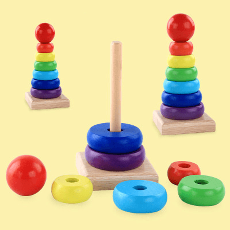 Wooden Seven-Color Tower Stacking Circle Building Block Educational Toy - MRSLM