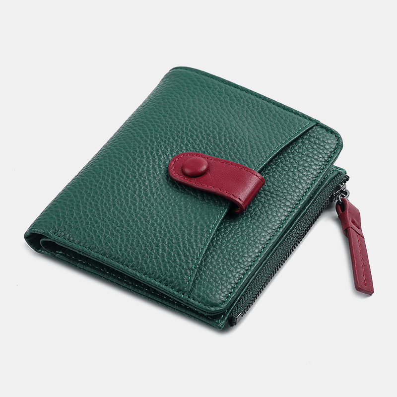 Women Genuine Leather Bifold Hasp Zipper Multifunction Coin Purse Money Clip Short Wallet - MRSLM