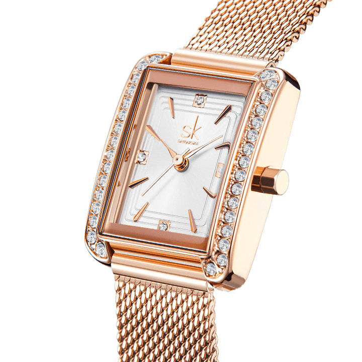 Shengke K0151 Rhinestone Decoration Rectangular Dial PU Leather/ Steel Mesh Strap 3ATM Women Quartz Watch - MRSLM