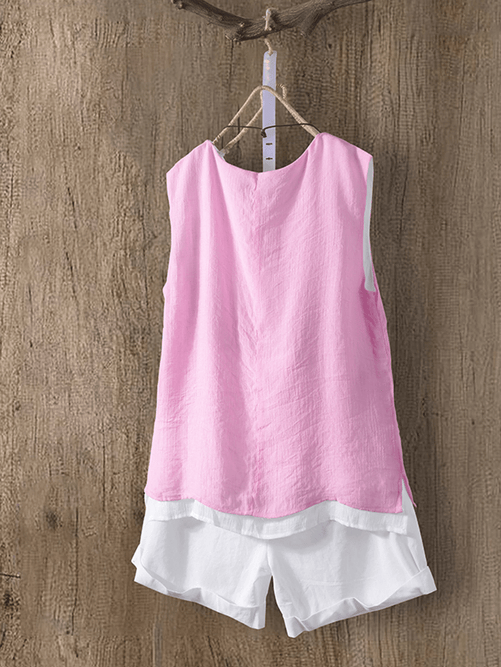 Women O-Neck Pure Color False Two-Piece Sleeveless Tank Tops - MRSLM