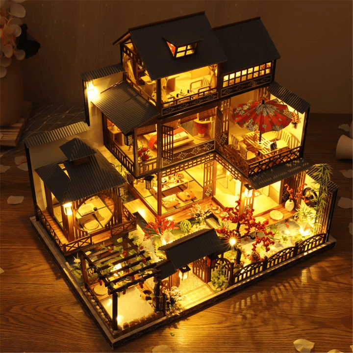 Wooden DIY Japanese Villa Doll House Miniature Kits Handmade Assemble Toy with Furniture LED Light for Gift Collection Home Decor - MRSLM