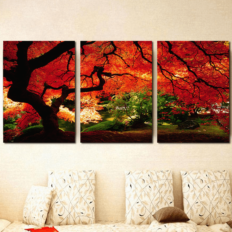 Miico Hand Painted Three Combination Decorative Paintings Maple Tree Wall Art for Home Decoration - MRSLM