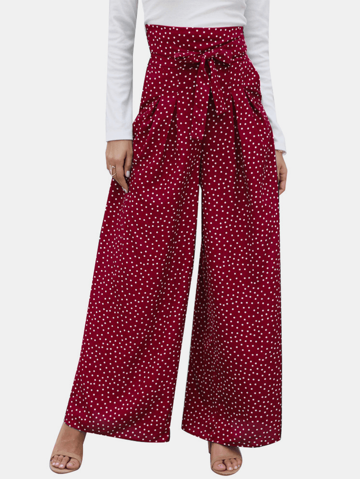 Casual Polka Dot Print High Waist Bow Wide Pants with Pocket - MRSLM