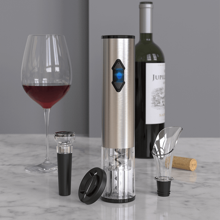 Electric Vino Bottle Opener Set Stainless Steel Automatic Corkscrew Opener Puller Kit with Foil Cutter Vacuum Stopper and Pourer - MRSLM