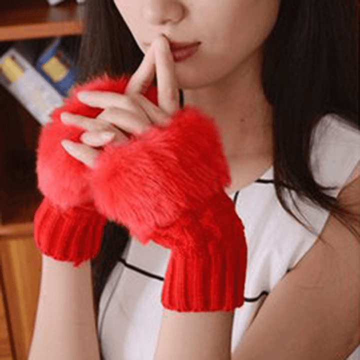 Women Winter Warm Knitted Thicken Fingerless Gloves Artificial Rabbit Hair Half Finger Sleeve - MRSLM