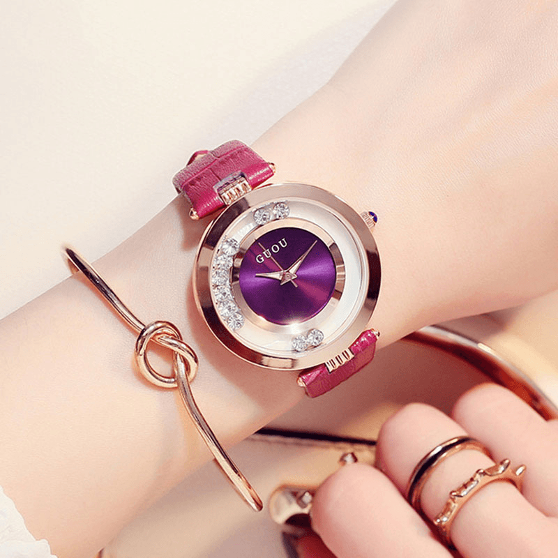 GUOU 8039 Fashion Women Watch Light Luxury Full Steel Glitter Diamond Leather Strap Female Quartz Watch - MRSLM