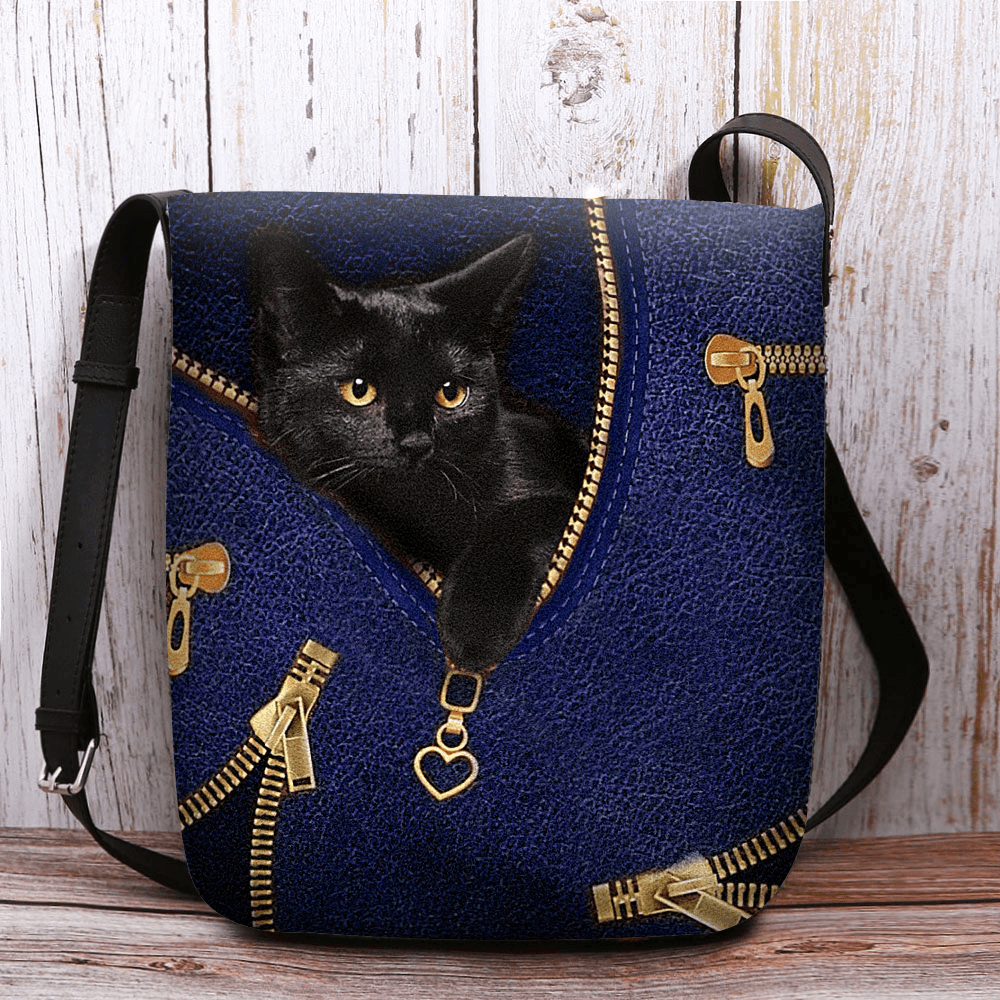 Women Felt Casual Cute 3D Cartoon Black Cat Printing Pattern Crossbody Bag Shoulder Bag - MRSLM