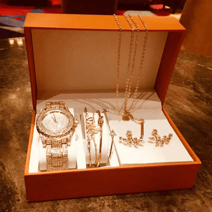 4Pcs Luxury Women Watch Set Inlaid Diamond Rhinestone Quartz Watch Leaf Bracelet Set Necklace Earrings Necklace Jewelry Kit - MRSLM