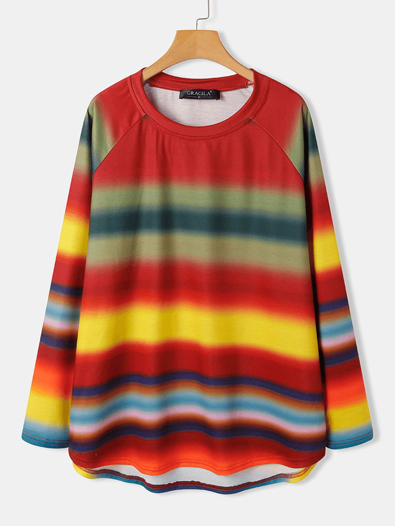 Women Multi Color Ombre Striped O-Neck Raglan Sleeve Casual Sweatshirts - MRSLM