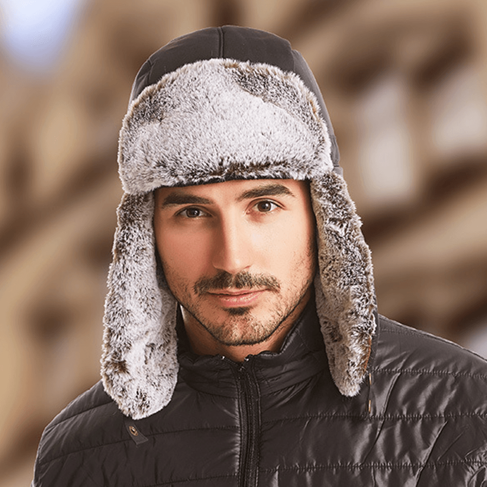 Men 2PCS Plush plus Velvet Keep Warm Ear Face Protection Windproof Cycling Sport Trapper Hat Detachable Mask - MRSLM