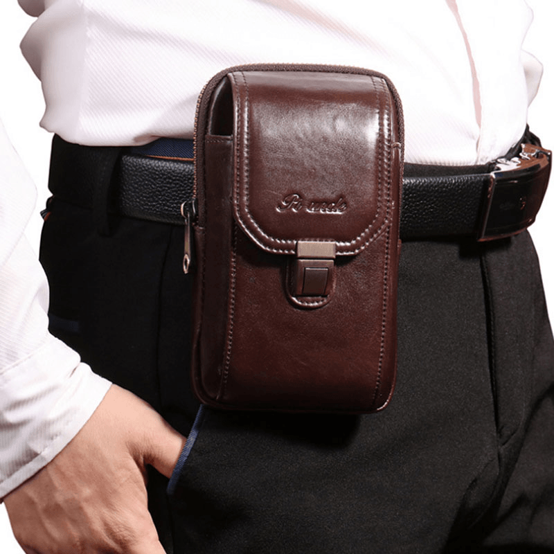 Men Mini Genuine Leather 6.5 Inch Phone Holder Waist Pack Belt Bag Crossbody Bag - MRSLM