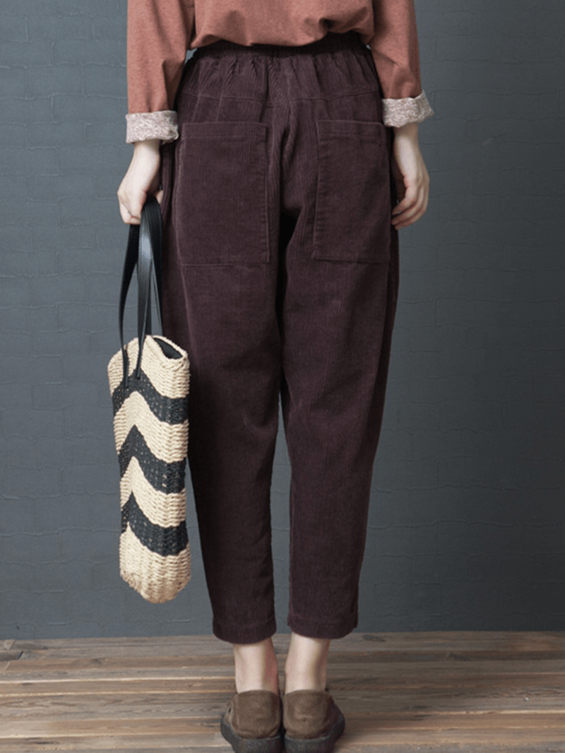 Women Elastic Waist Pocket Corduroy Pants - MRSLM