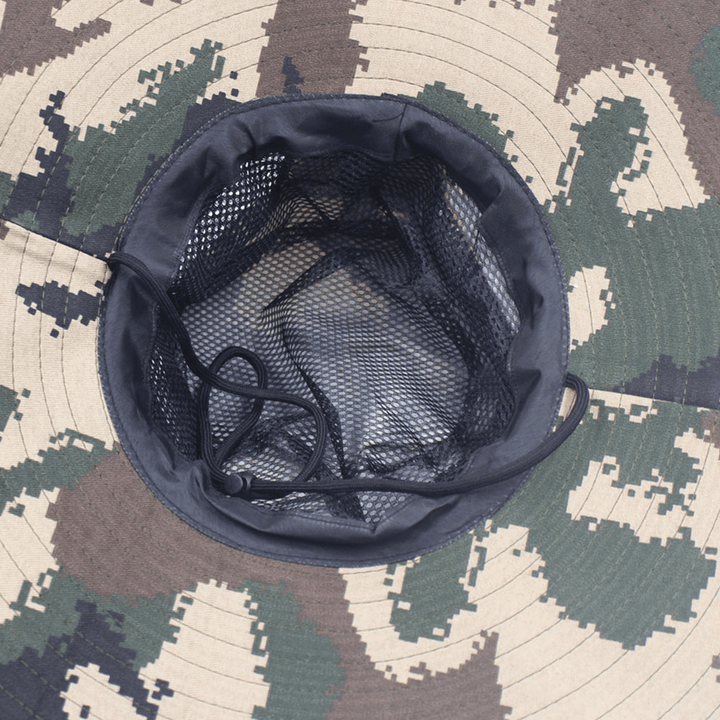 Men Camouflage Mesh Breathable Big Brim Outdoor Fishing Climbing Sunshade Bucket Hat - MRSLM