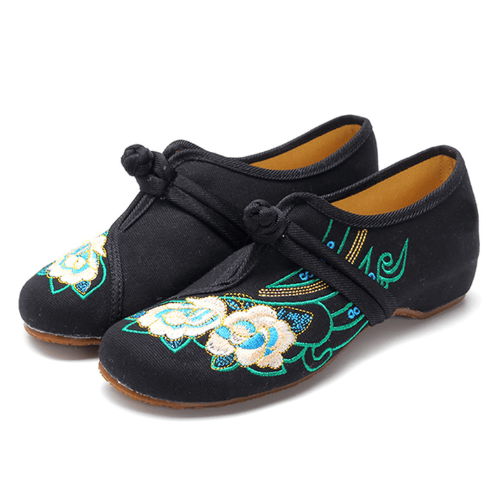 Women Lace up Cloth Chinese Embroidered Flower Flat Loafers - MRSLM