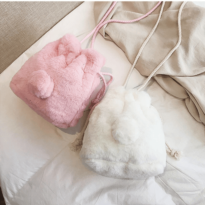 Cute Plush String Bucket Bag Shoulder Bag Crossbody Bag - MRSLM