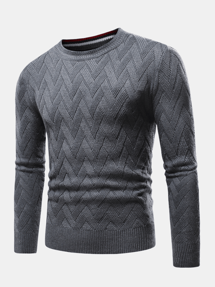 Mens Chevron Knitted Solid Color Crew Neck Slim Fit Casual Sweater - MRSLM