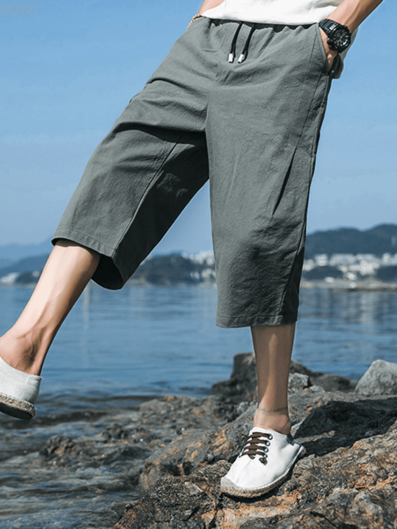 Mens 100% Cotton Elastic Waist Breathable Calf Length Casual Pants - MRSLM