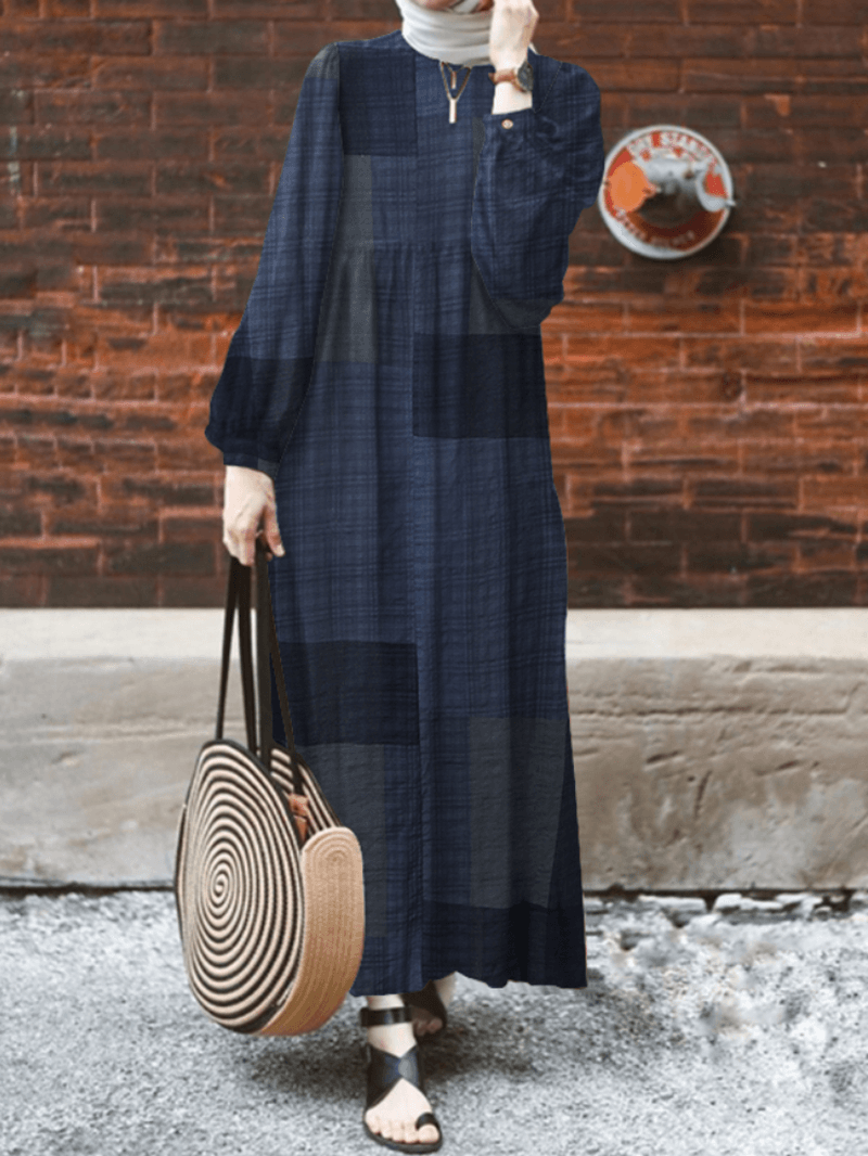 Women Retro Grid Print O-Neck Puff Sleeve Kaftan Maxi Dress - MRSLM