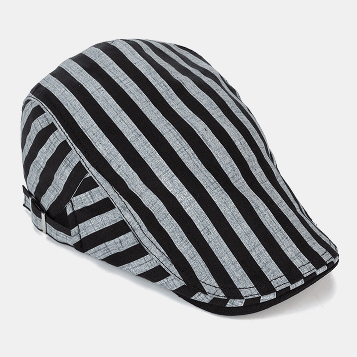 Men Cotton-Linen Striped Pattern Retro Forward Hat Flat Cap Beret Cap - MRSLM