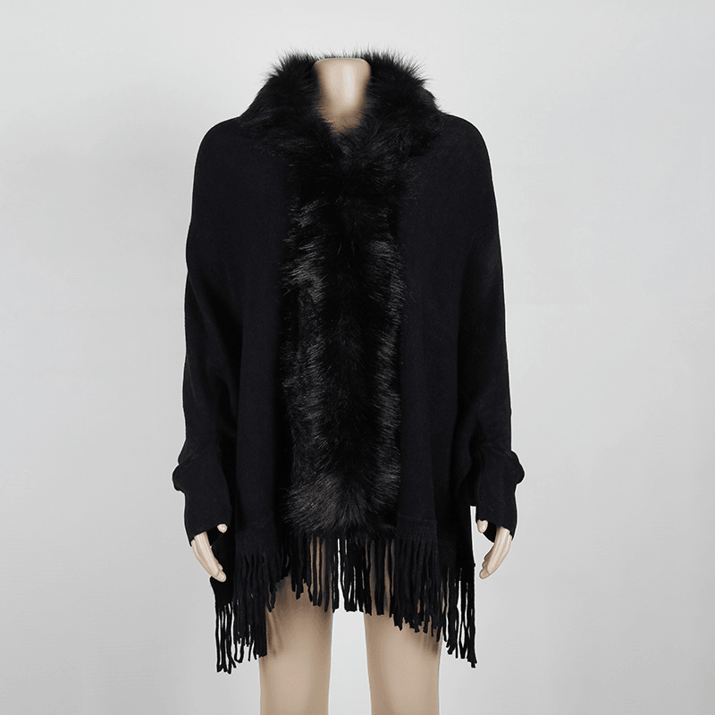 Autumn and Winter Fringed Cloak Shawl Fur Collar Solid Color Cardigan - MRSLM